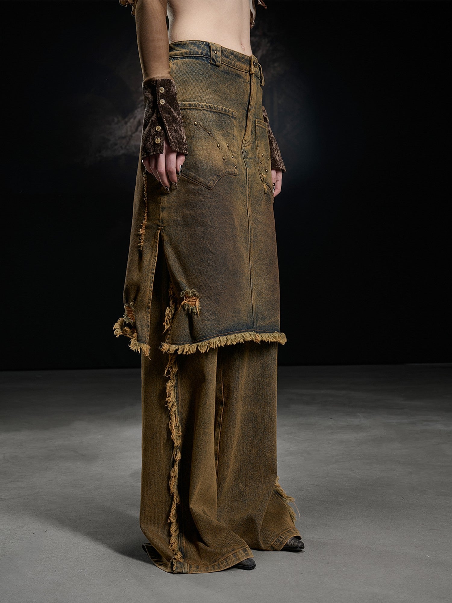 NORTH NODE Coffee Washed Wide Leg Pocket Button Fly Women&