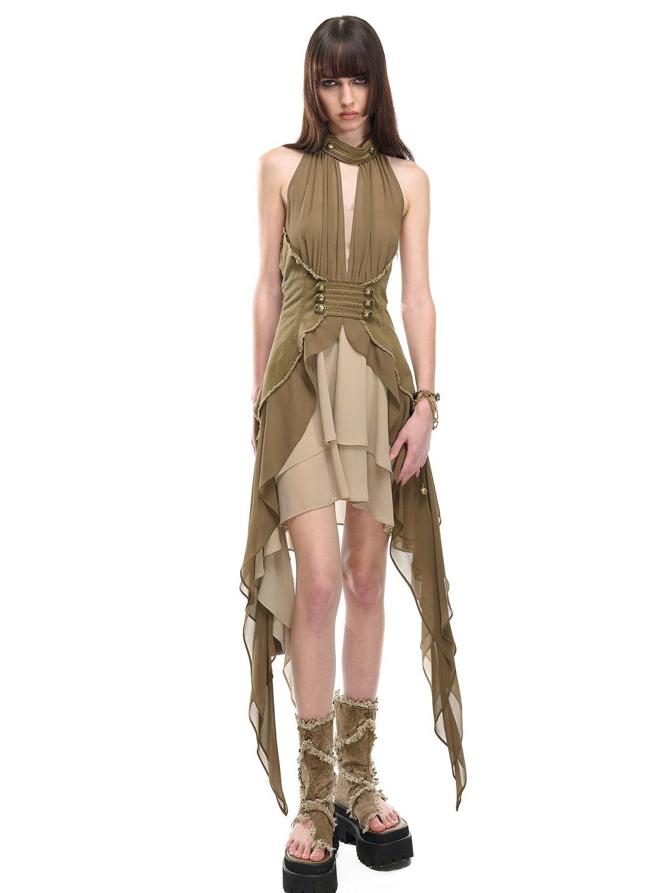 NORTH NODE Coin Buckle Pleated Asymmetric Ruffled Hem Women&