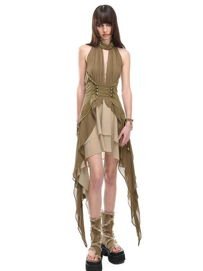 NORTH NODE Coin Buckle Pleated Asymmetric Ruffled Hem Women&