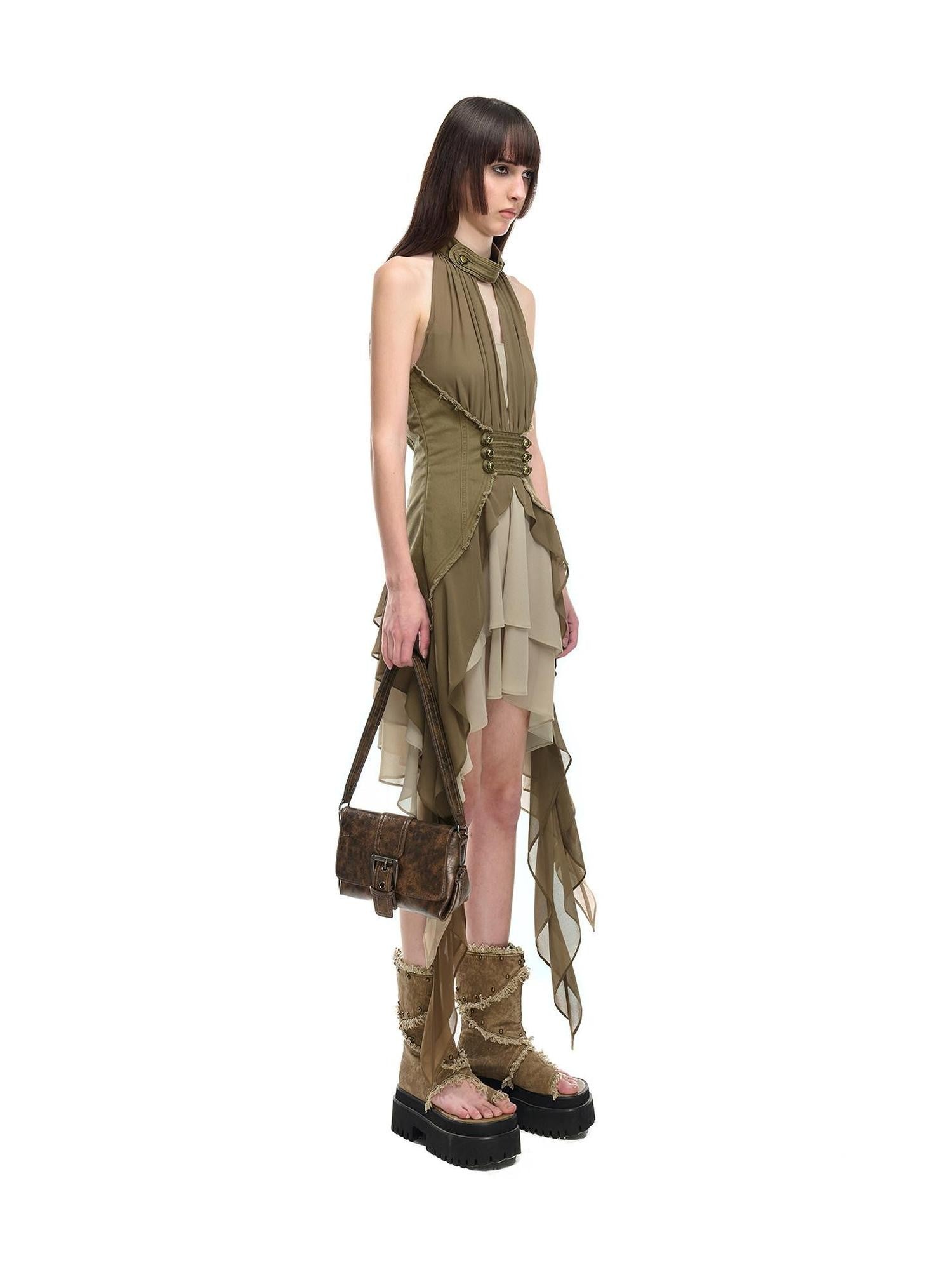 NORTH NODE Coin Buckle Pleated Asymmetric Ruffled Hem Women&