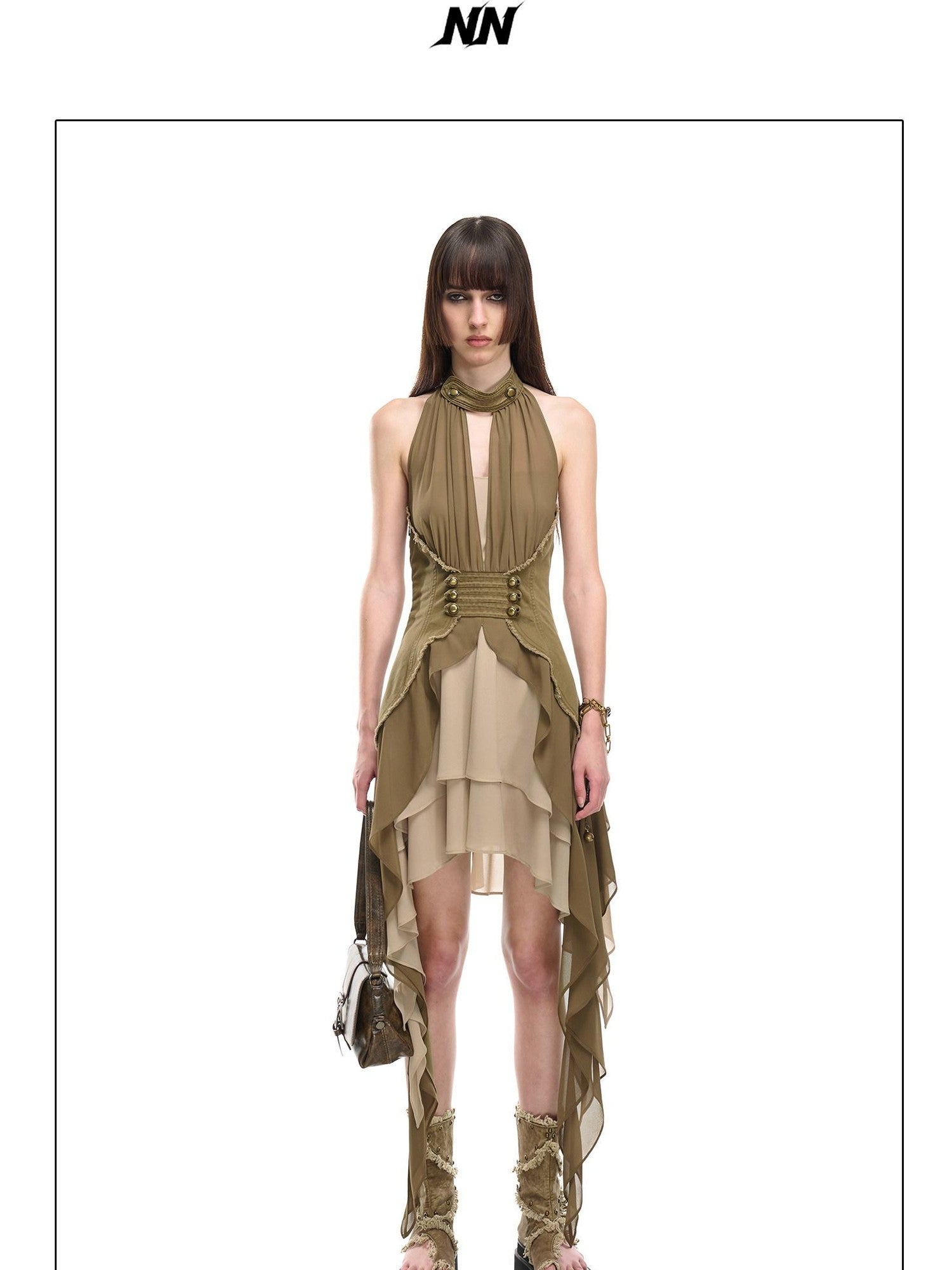 NORTH NODE Coin Buckle Pleated Asymmetric Ruffled Hem Women&