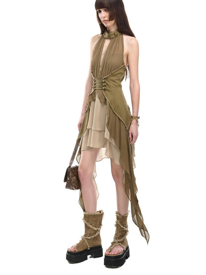 NORTH NODE Coin Buckle Pleated Asymmetric Ruffled Hem Women&