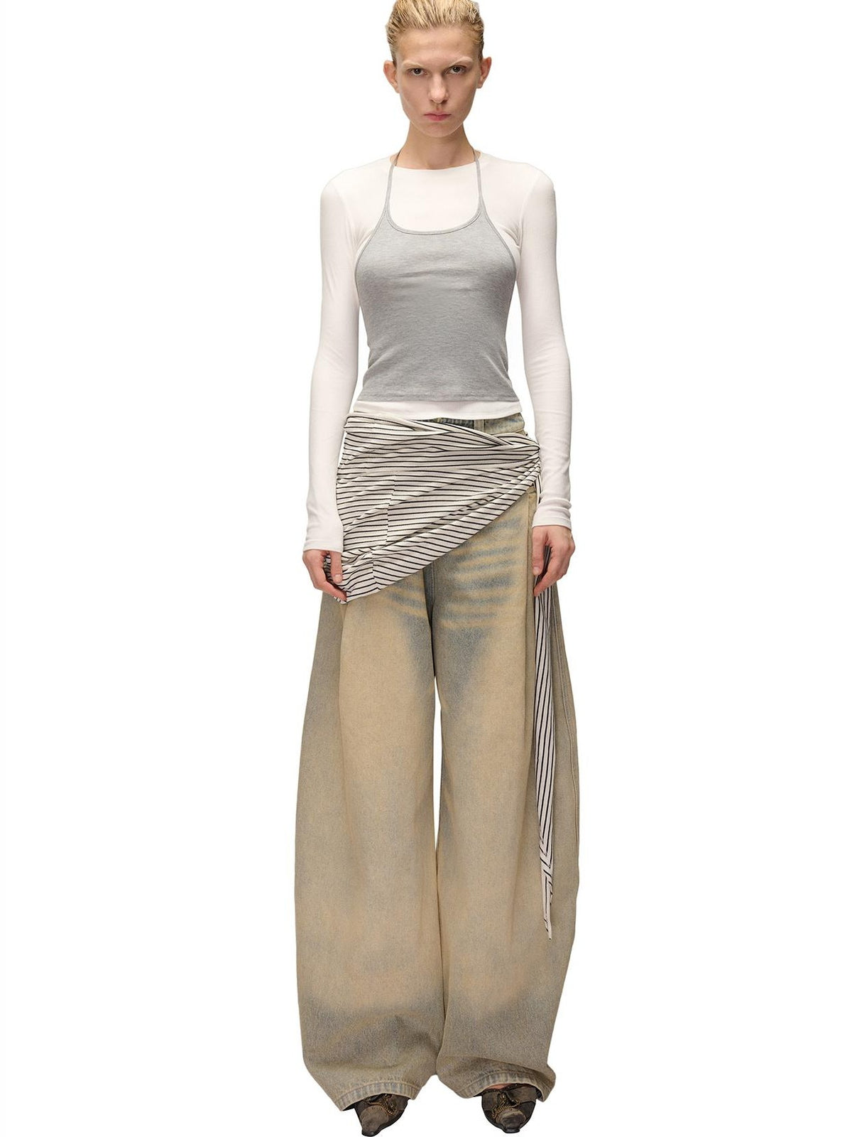 NORTH NODE Color Block Layered Crew Neck Slim Fit Cotton Women&