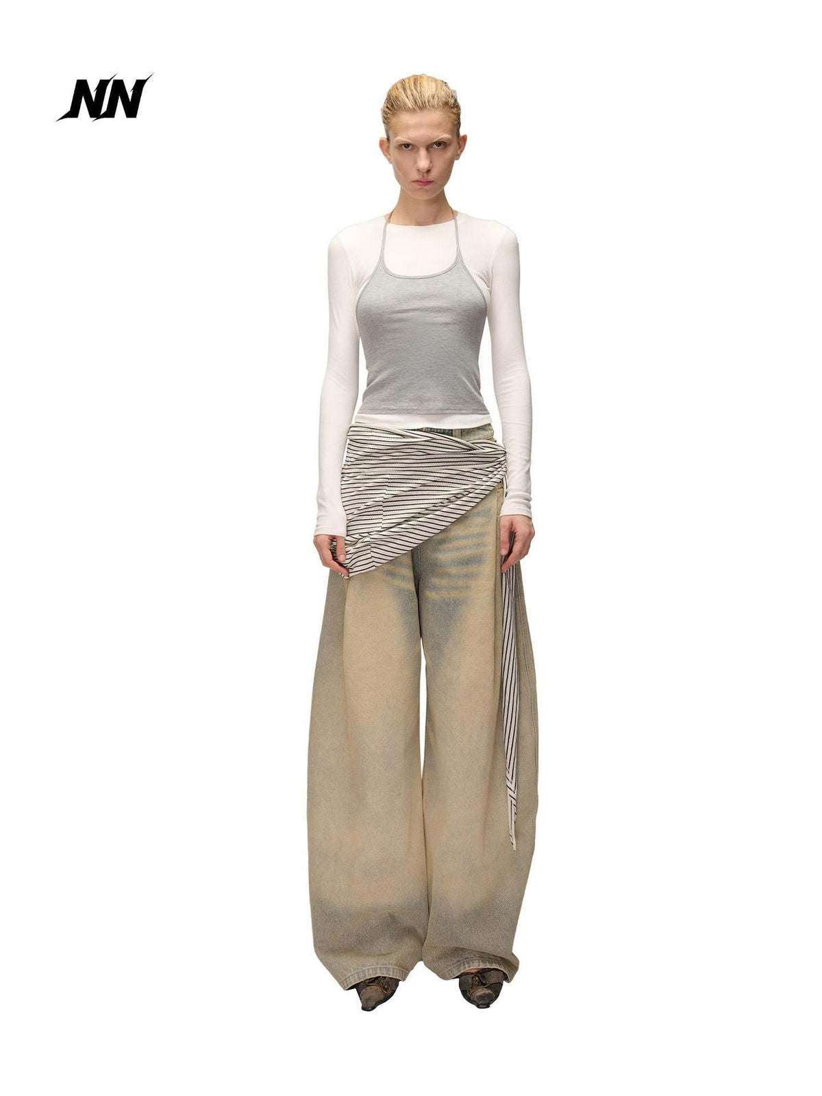 NORTH NODE Color Block Layered Crew Neck Slim Fit Cotton Women&