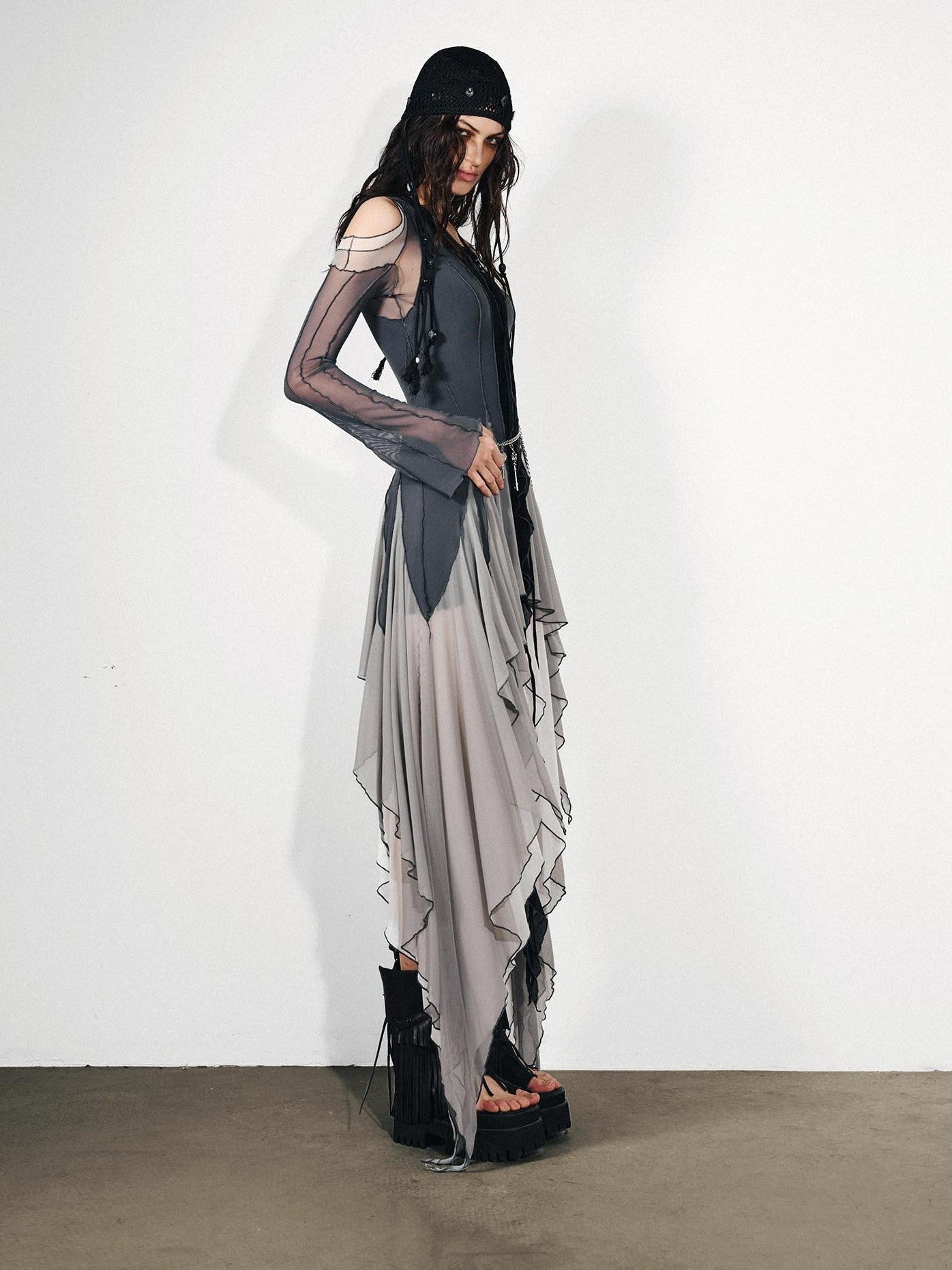 NORTH NODE Colorblock Panel Asymmetric Ruffle Off Shoulder Women&