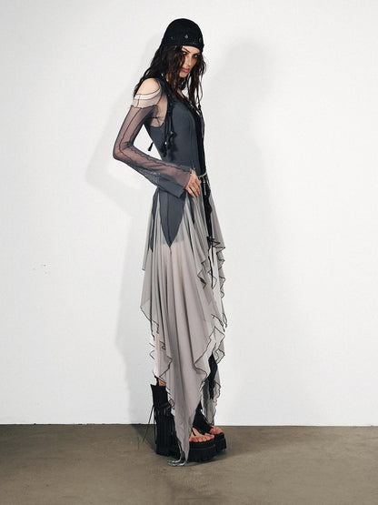 NORTH NODE Colorblock Panel Asymmetric Ruffle Off Shoulder Women&