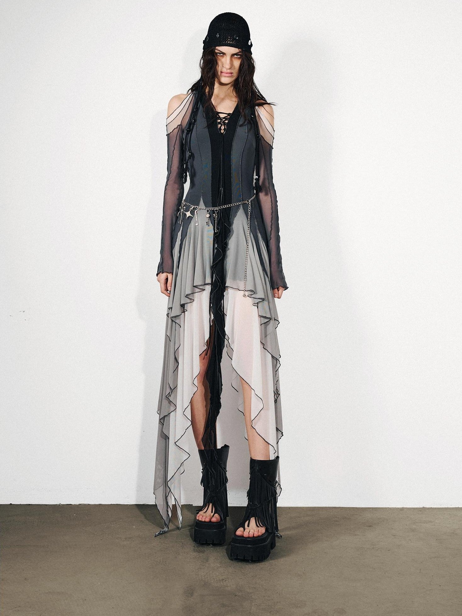 NORTH NODE Colorblock Panel Asymmetric Ruffle Off Shoulder Women&