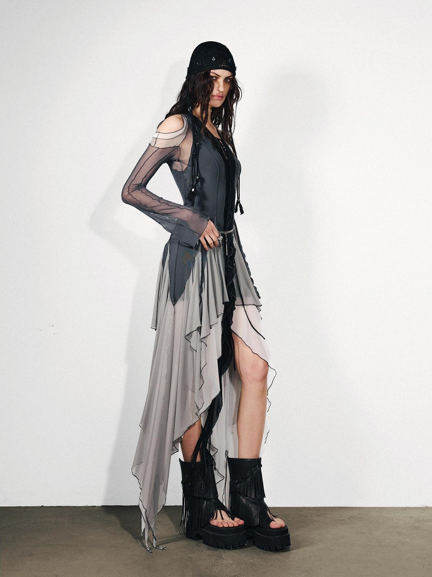 NORTH NODE Colorblock Panel Asymmetric Ruffle Off Shoulder Women&