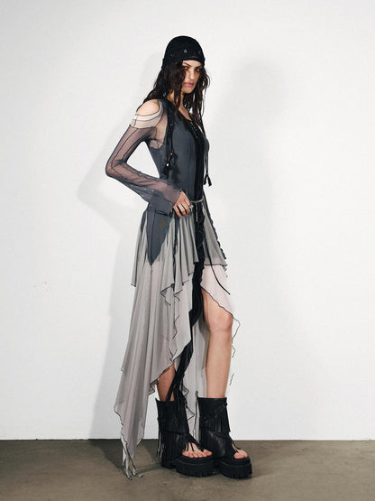 NORTH NODE Colorblock Panel Asymmetric Ruffle Off Shoulder Women&