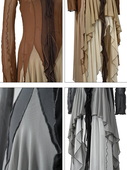 NORTH NODE Colorblock Panel Asymmetric Ruffle Off Shoulder Women&