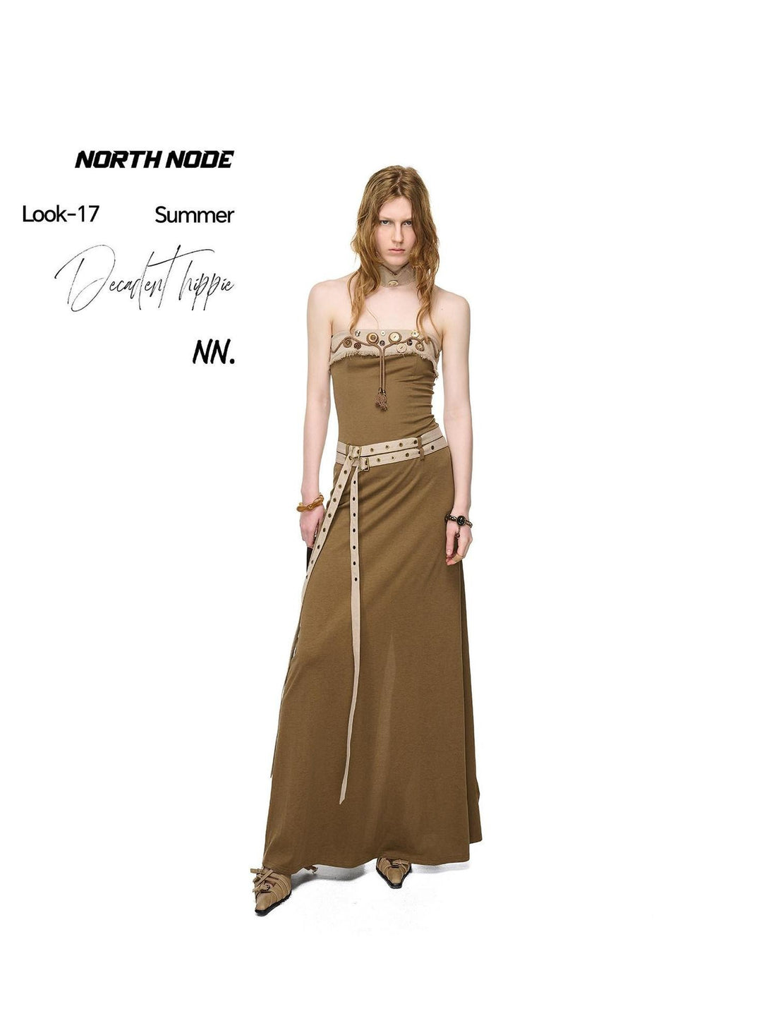 NORTH NODE Compass Print Hand Sewn Button Double Belt Splice Women&