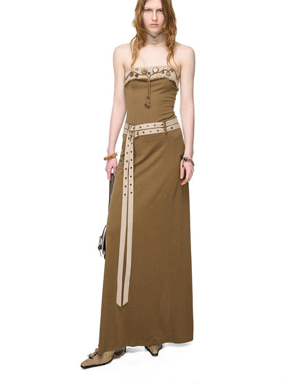 NORTH NODE Compass Print Hand Sewn Button Double Belt Splice Women&