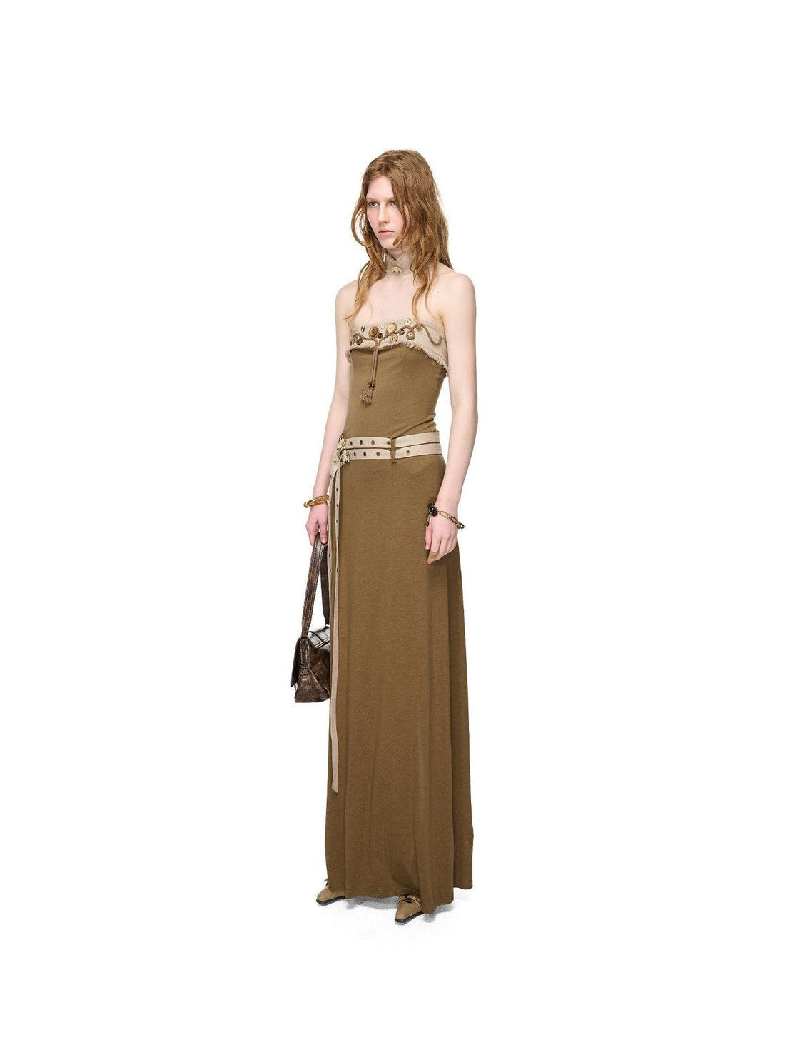 NORTH NODE Compass Print Hand Sewn Button Double Belt Splice Women&