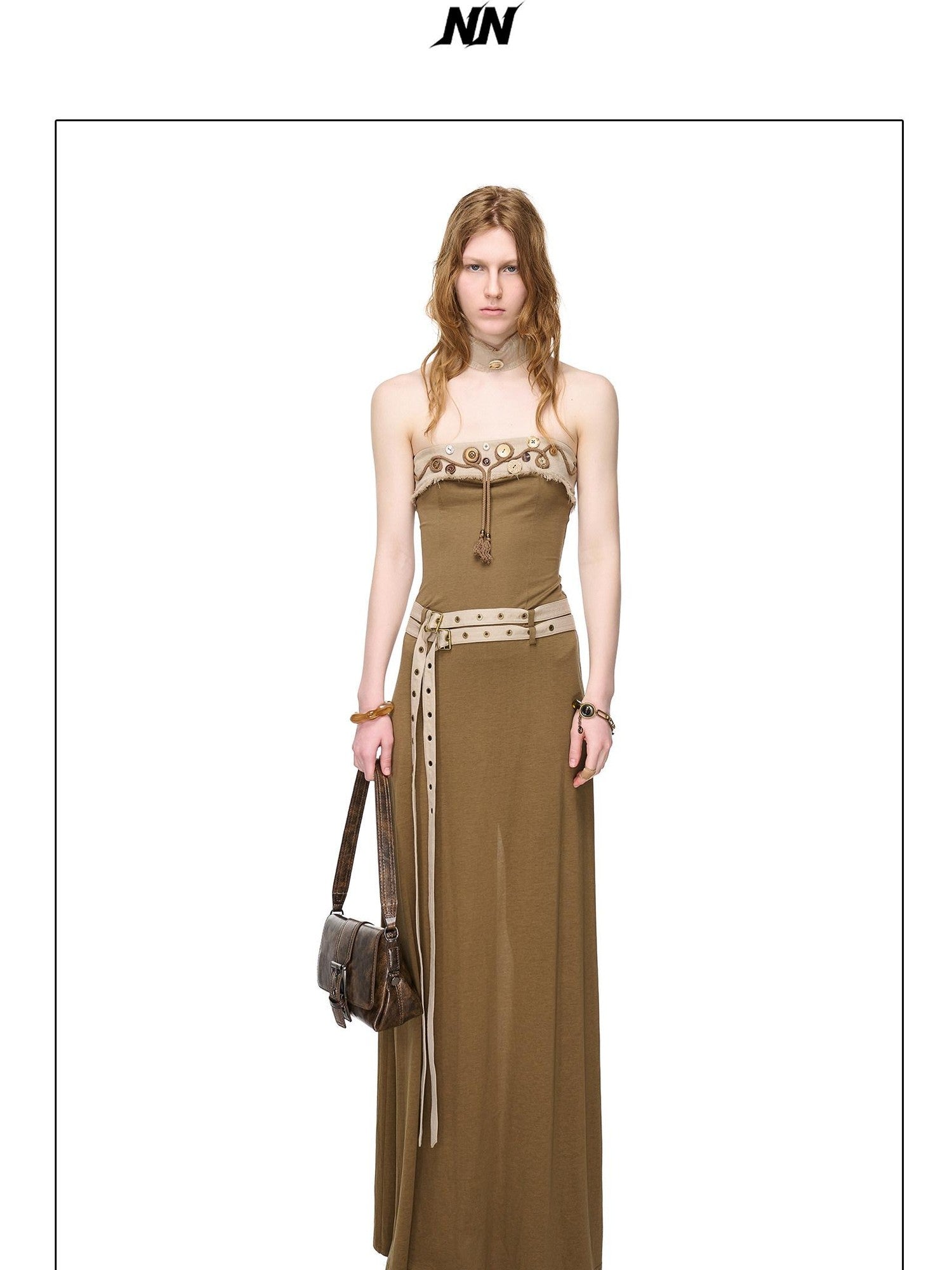 NORTH NODE Compass Print Hand Sewn Button Double Belt Splice Women&