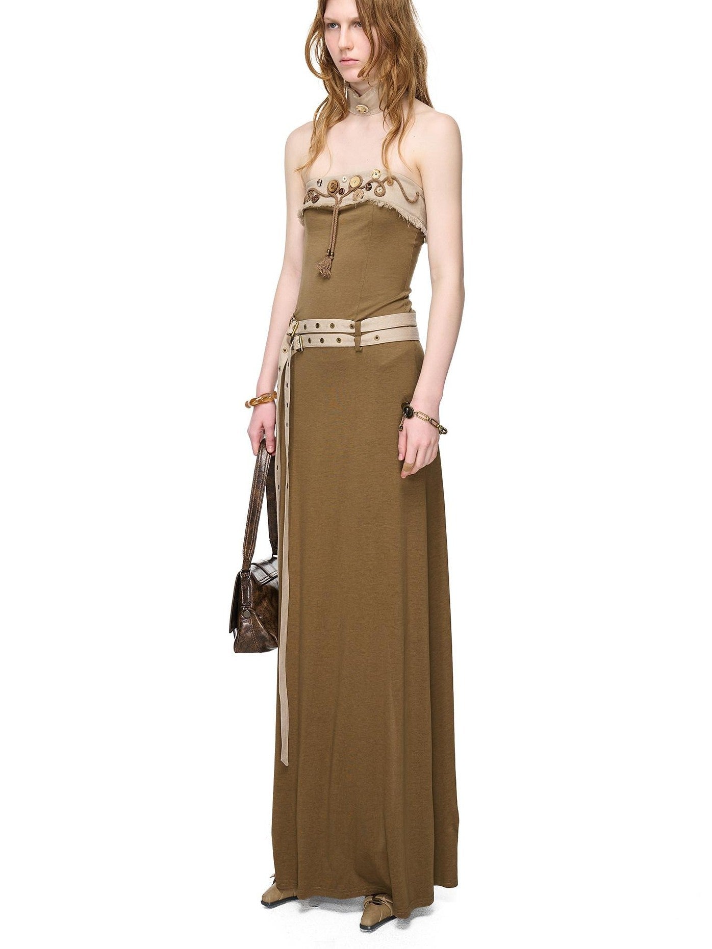 NORTH NODE Compass Print Hand Sewn Button Double Belt Splice Women&