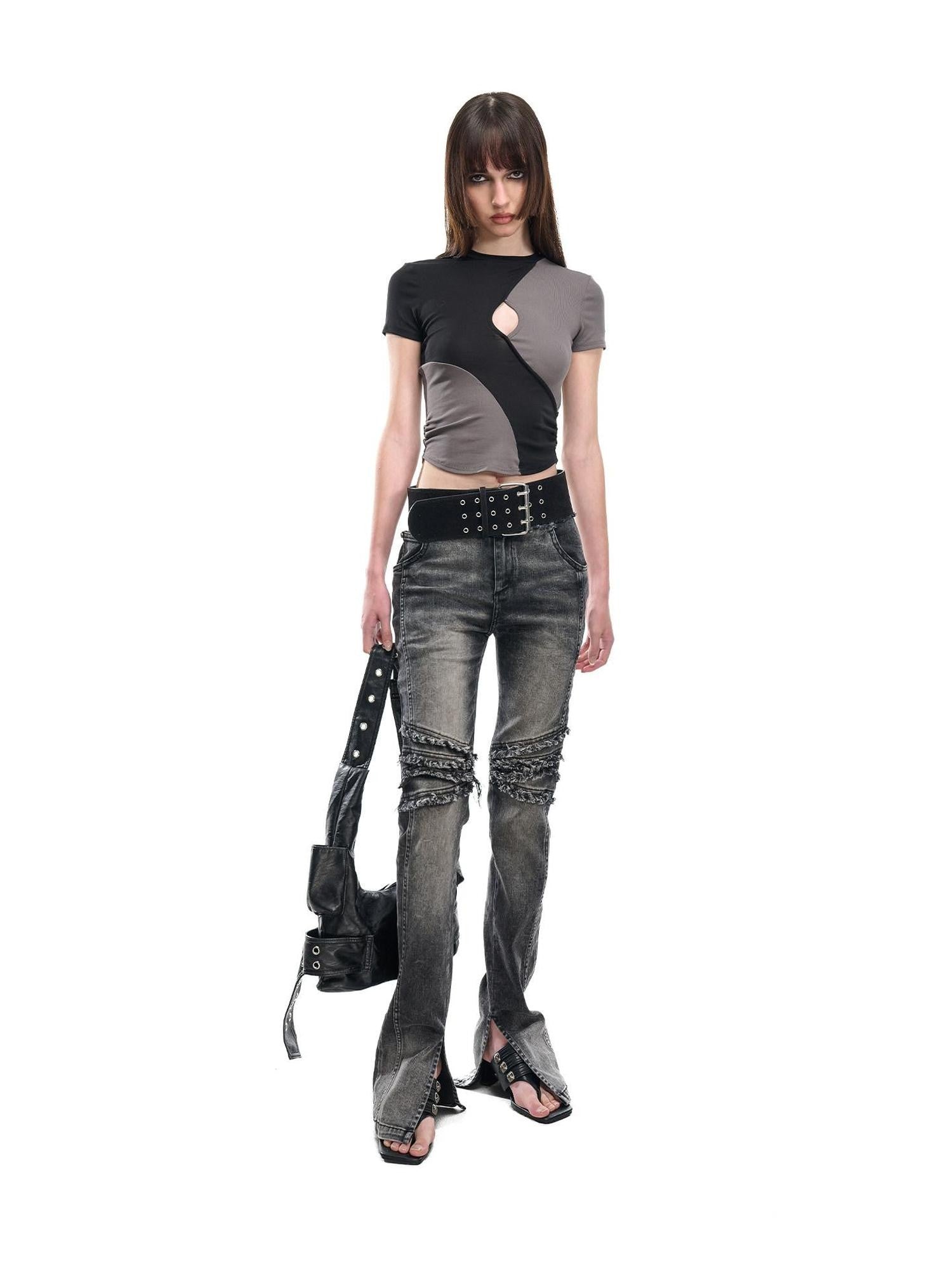 NORTH NODE Contrast Color Cutout Patchwork Distressed Women&
