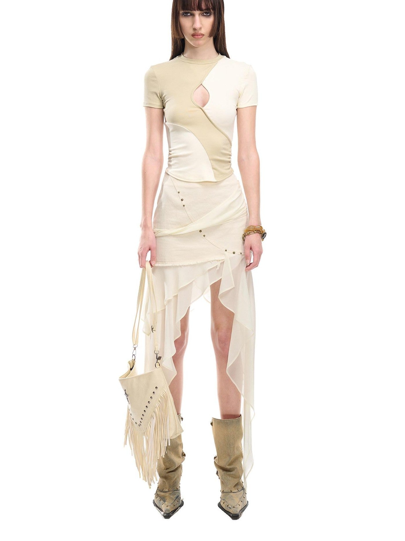 NORTH NODE Contrast Color Cutout Patchwork Distressed Women&