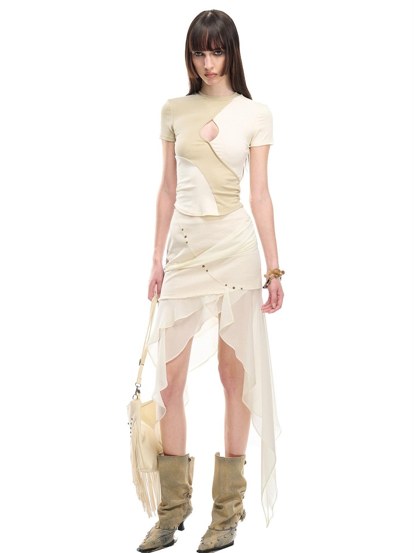 NORTH NODE Contrast Color Cutout Patchwork Distressed Women&