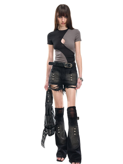 NORTH NODE Contrast Color Cutout Patchwork Distressed Women&