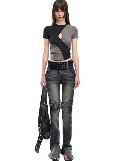 NORTH NODE Contrast Color Cutout Patchwork Distressed Women&