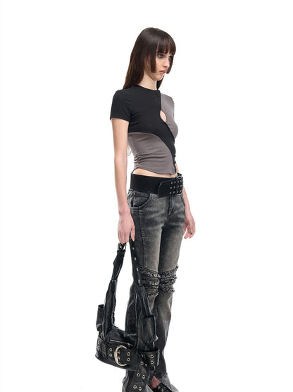 NORTH NODE Contrast Color Cutout Patchwork Distressed Women&