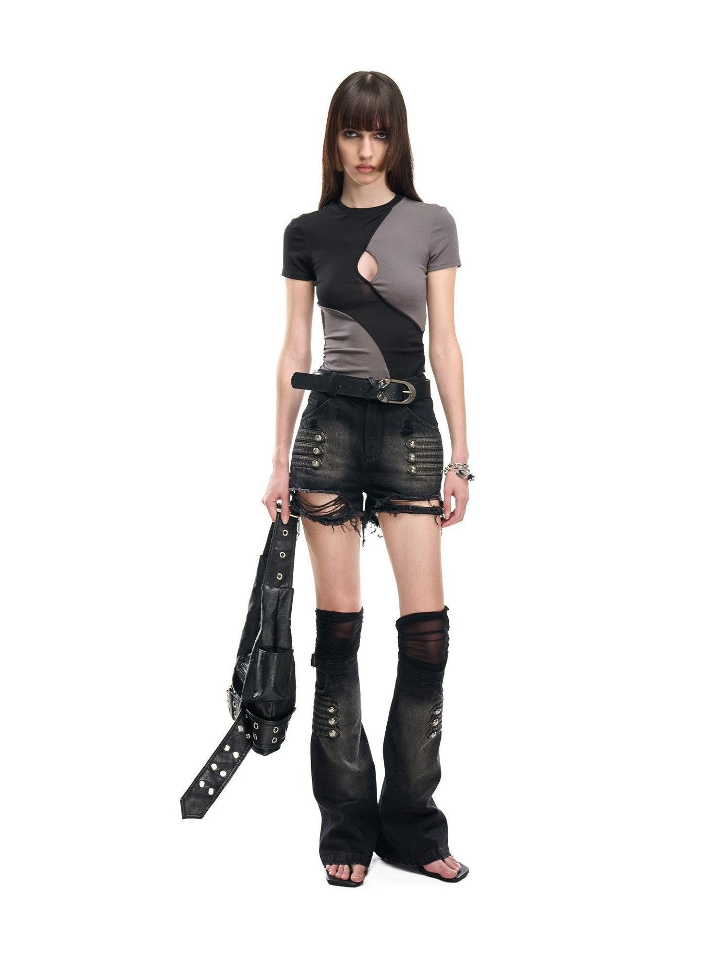 NORTH NODE Contrast Color Cutout Patchwork Distressed Women&