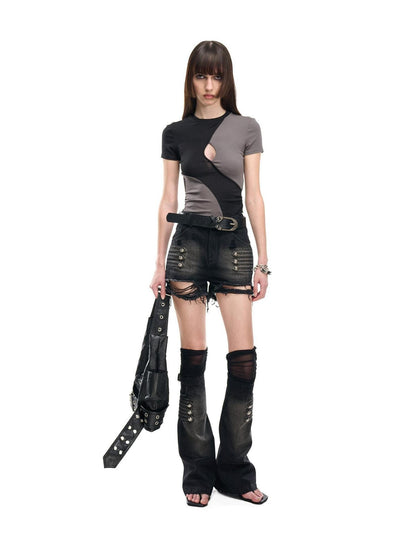 NORTH NODE Contrast Color Cutout Patchwork Distressed Women&