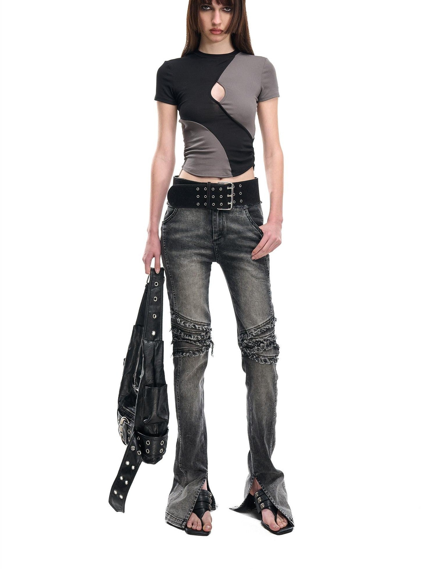 NORTH NODE Contrast Color Cutout Patchwork Distressed Women&