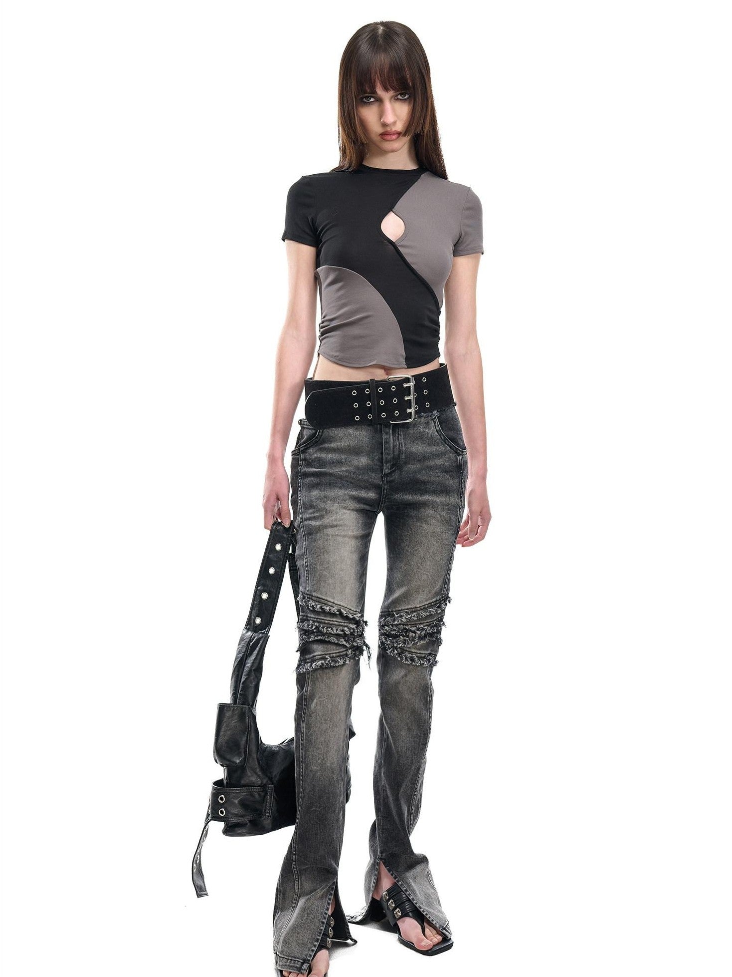 NORTH NODE Contrast Color Cutout Patchwork Distressed Women&