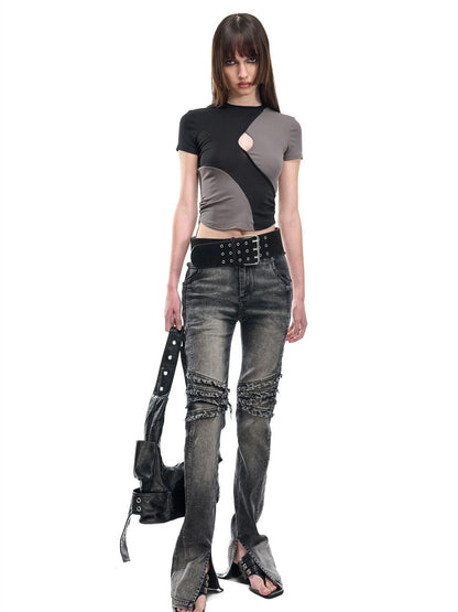 NORTH NODE Contrast Color Cutout Patchwork Distressed Women&