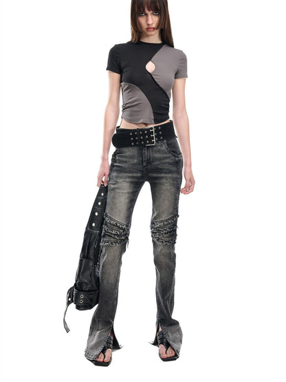 NORTH NODE Contrast Color Cutout Patchwork Distressed Women&