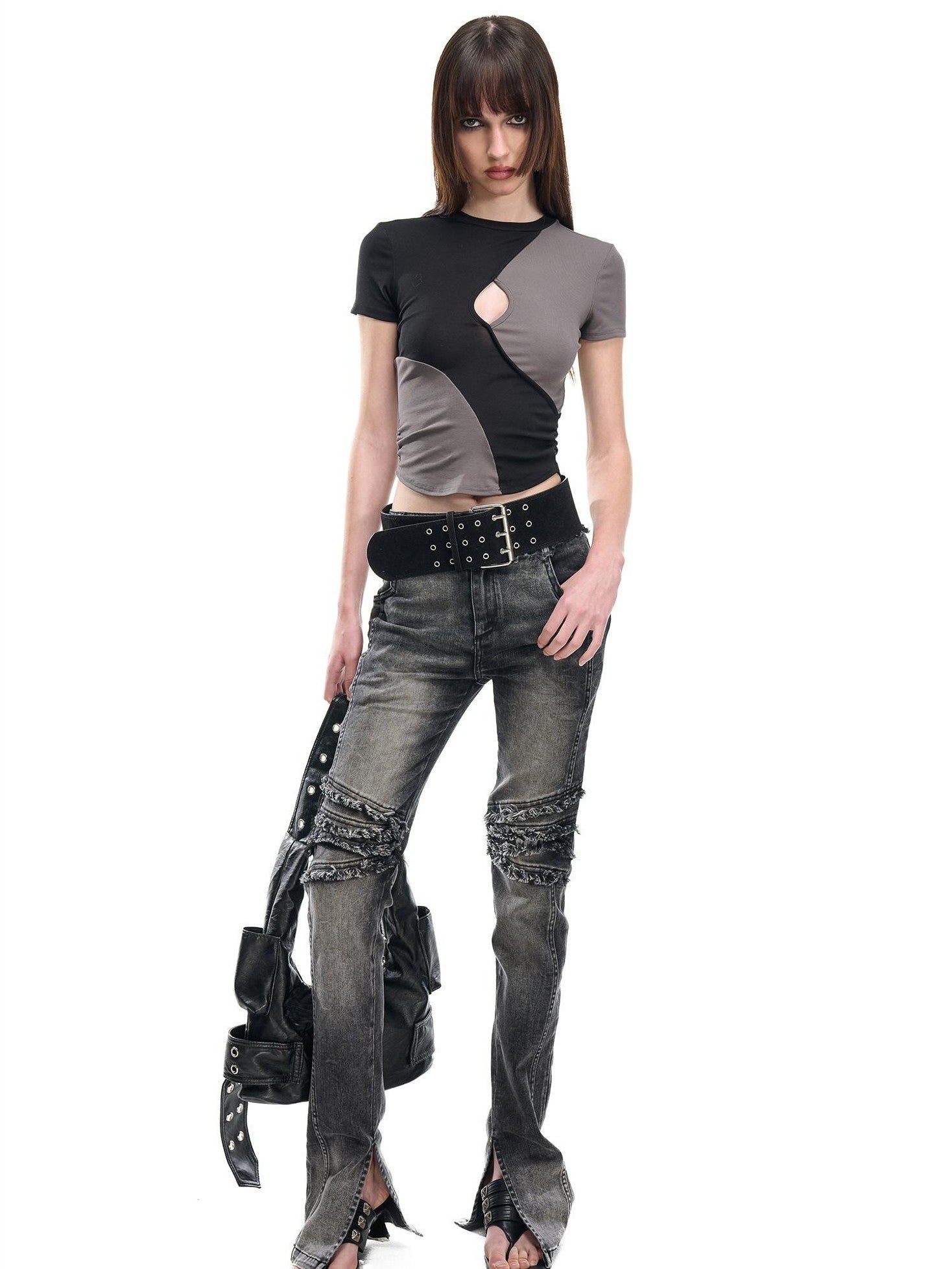 NORTH NODE Contrast Color Cutout Patchwork Distressed Women&