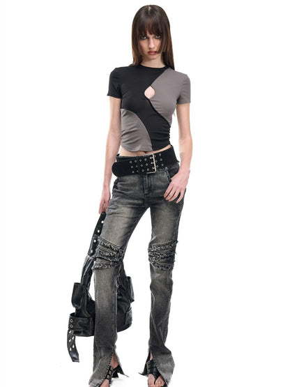 NORTH NODE Contrast Color Cutout Patchwork Distressed Women&