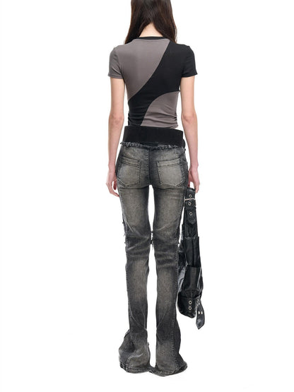 NORTH NODE Contrast Color Cutout Patchwork Distressed Women&