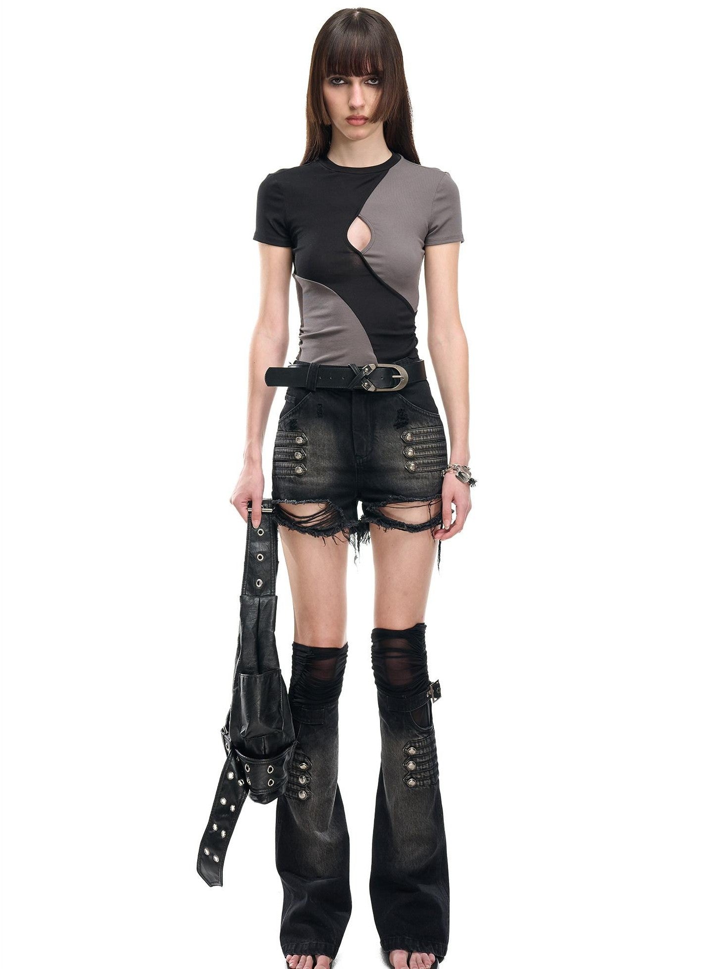 NORTH NODE Contrast Color Cutout Patchwork Distressed Women&