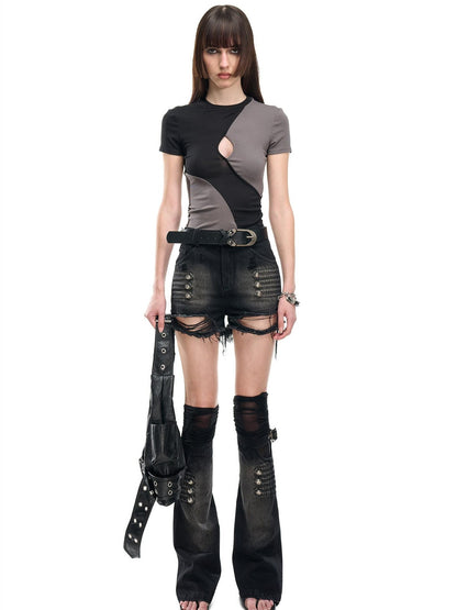 NORTH NODE Contrast Color Cutout Patchwork Distressed Women&