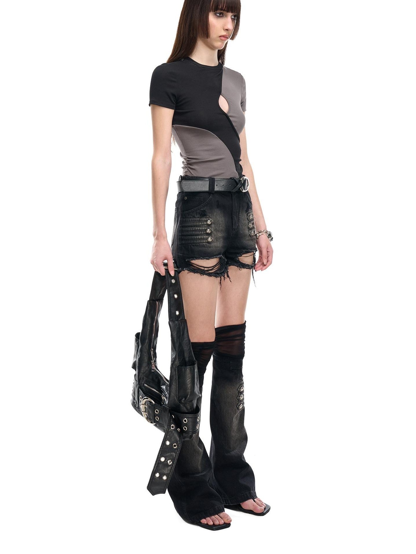 NORTH NODE Contrast Color Cutout Patchwork Distressed Women&