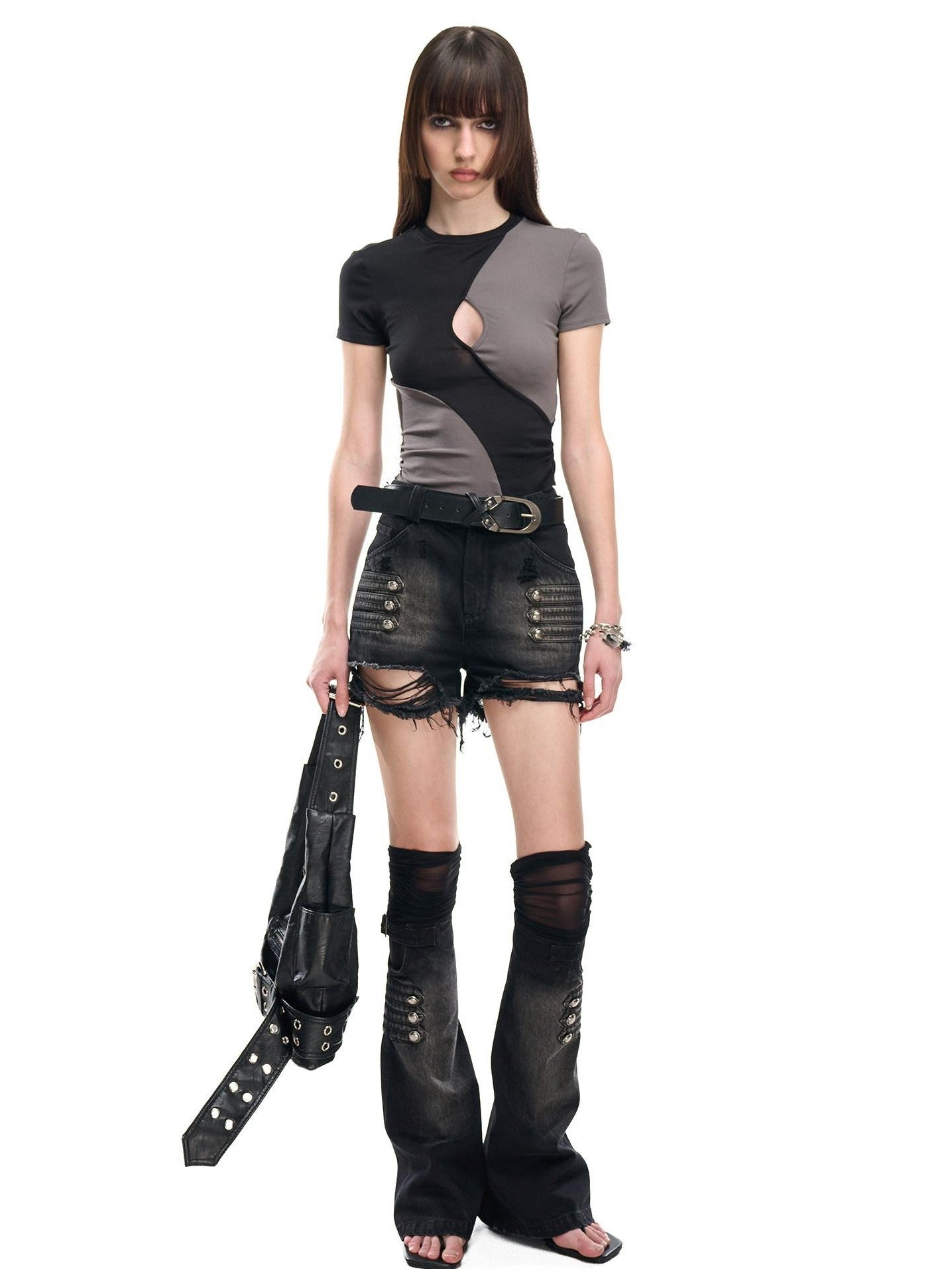 NORTH NODE Contrast Color Cutout Patchwork Distressed Women&