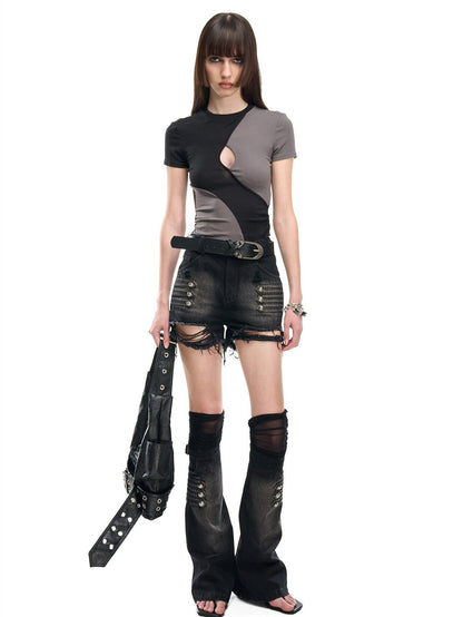 NORTH NODE Contrast Color Cutout Patchwork Distressed Women&