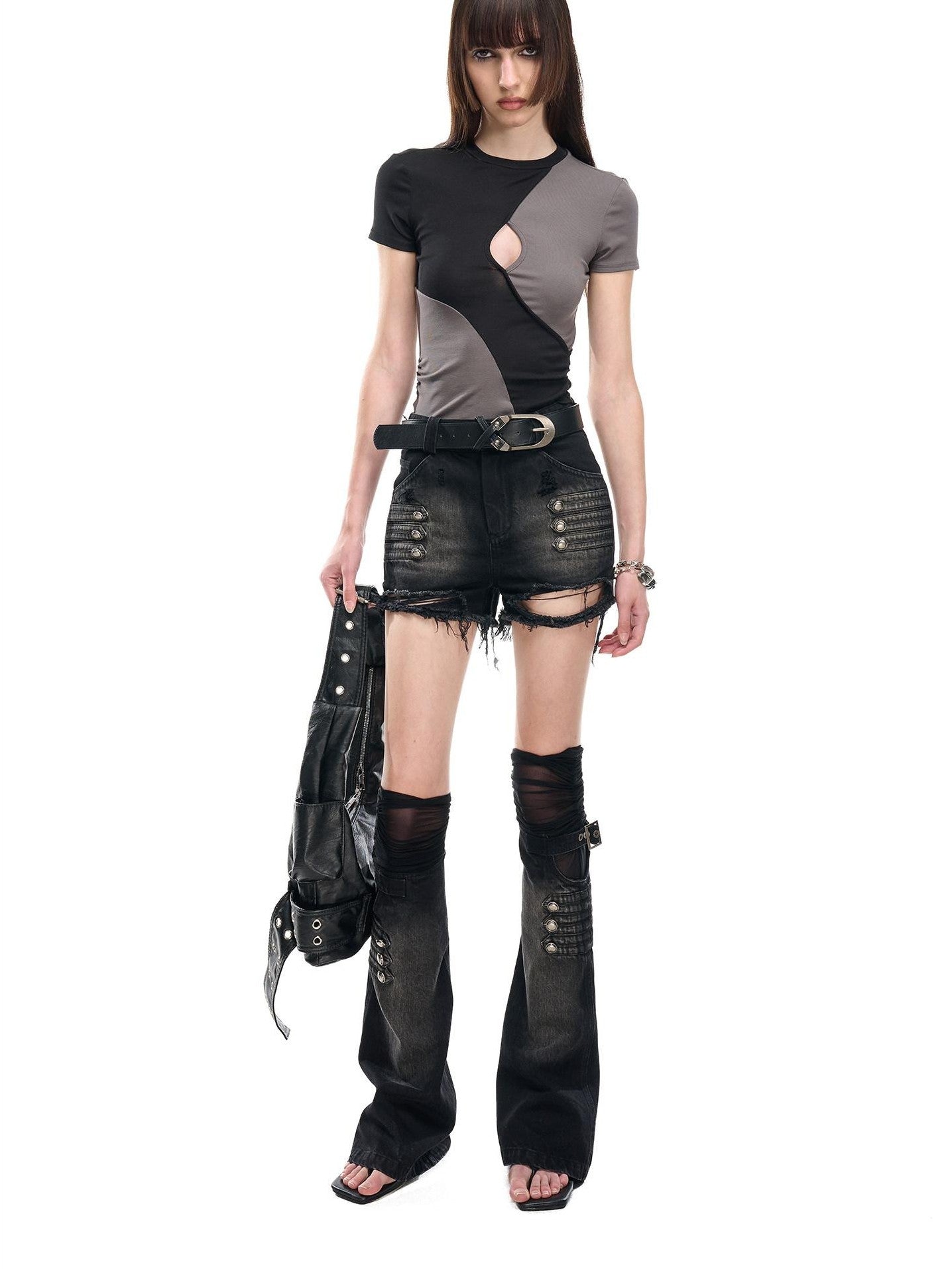 NORTH NODE Contrast Color Cutout Patchwork Distressed Women&