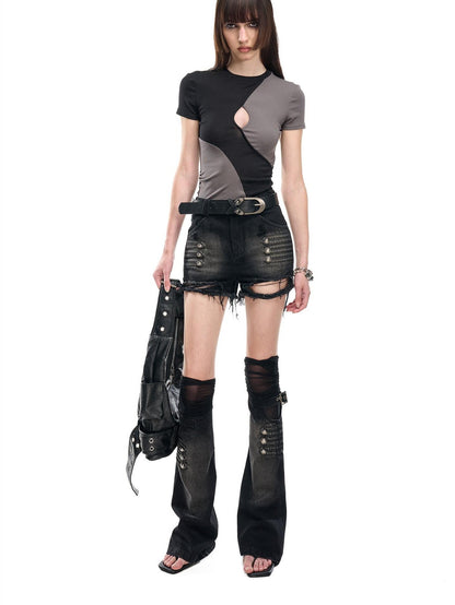 NORTH NODE Contrast Color Cutout Patchwork Distressed Women&