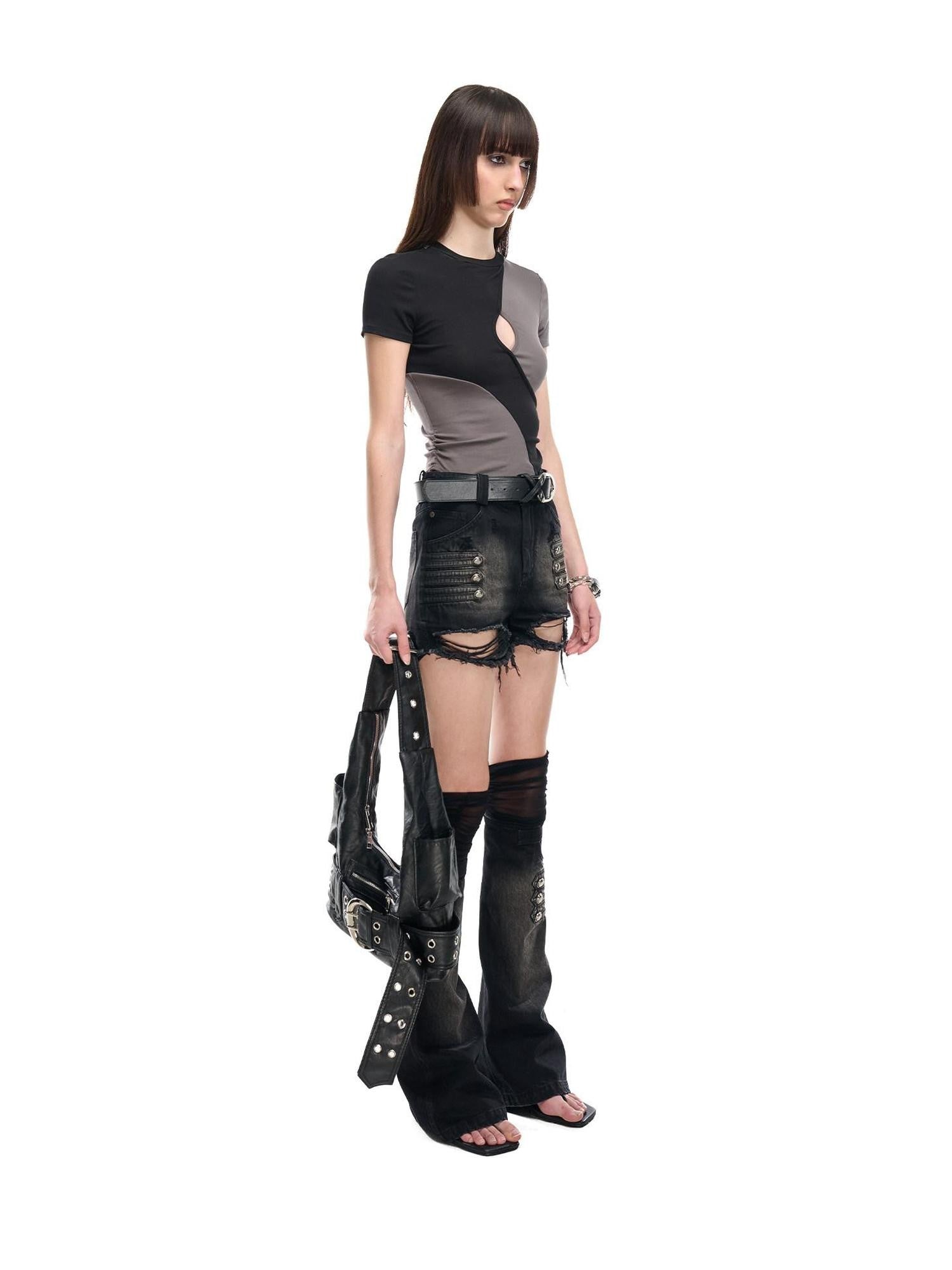NORTH NODE Contrast Color Cutout Patchwork Distressed Women&
