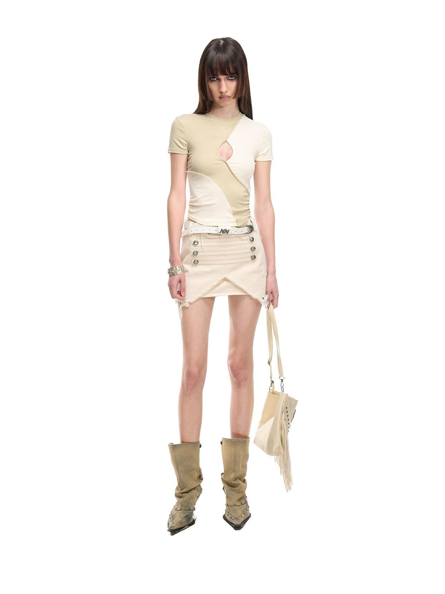 NORTH NODE Contrast Color Cutout Patchwork Distressed Women&