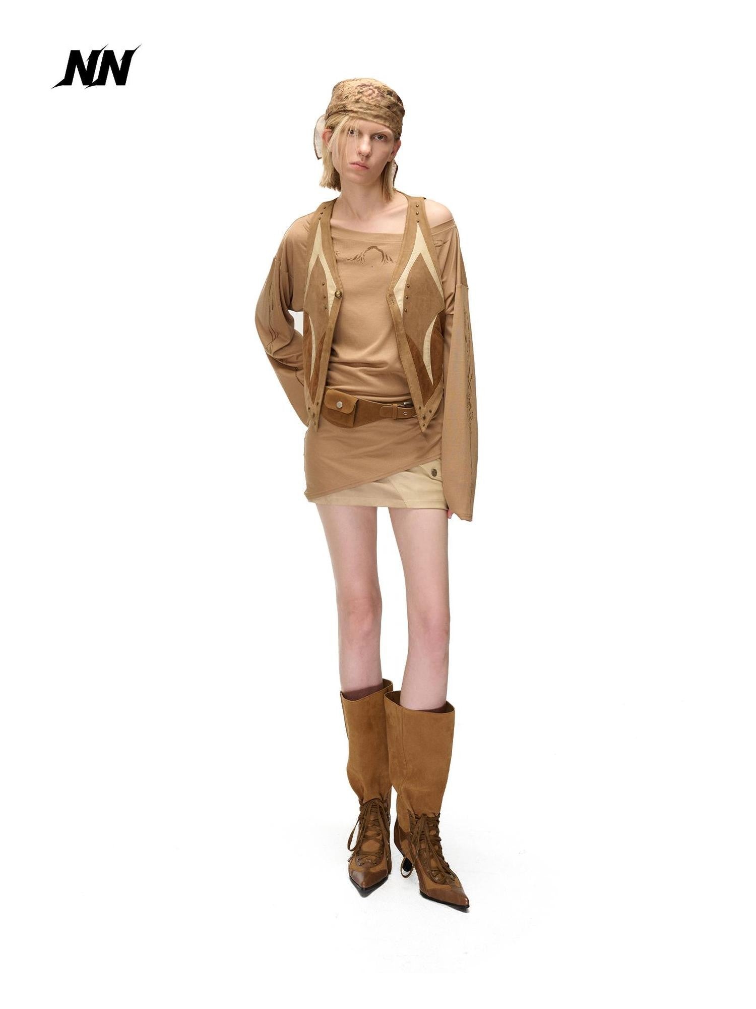 NORTH NODE Contrast Color Faux Suede Spliced V-neck Loose Women&