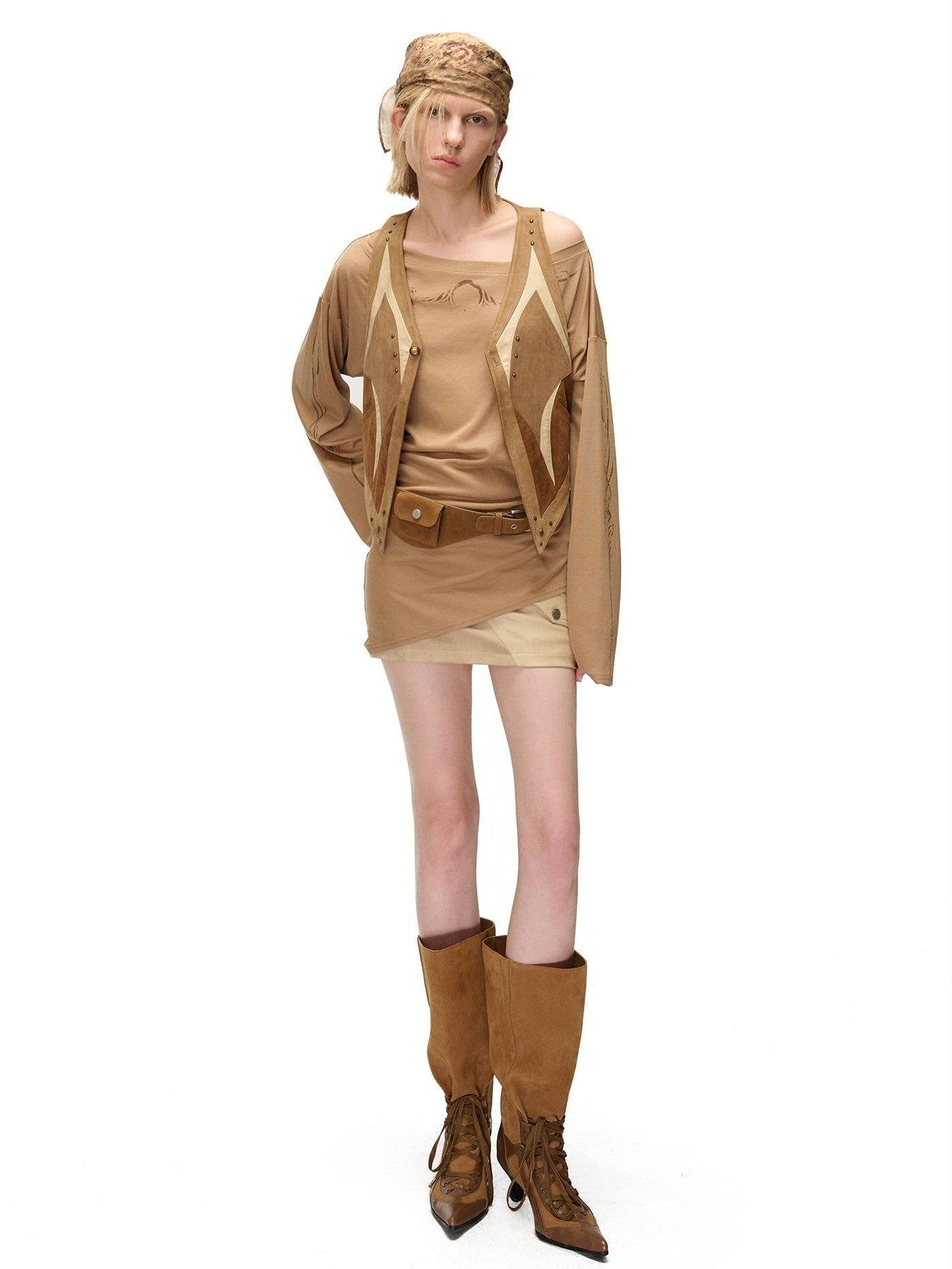 NORTH NODE Contrast Color Faux Suede Spliced V-neck Loose Women&