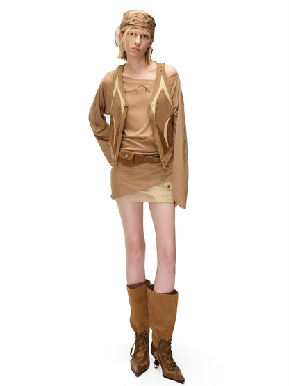 NORTH NODE Contrast Color Faux Suede Spliced V-neck Loose Women&