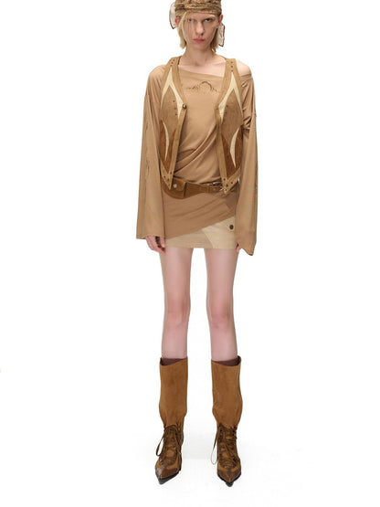 NORTH NODE Contrast Color Faux Suede Spliced V-neck Loose Women&