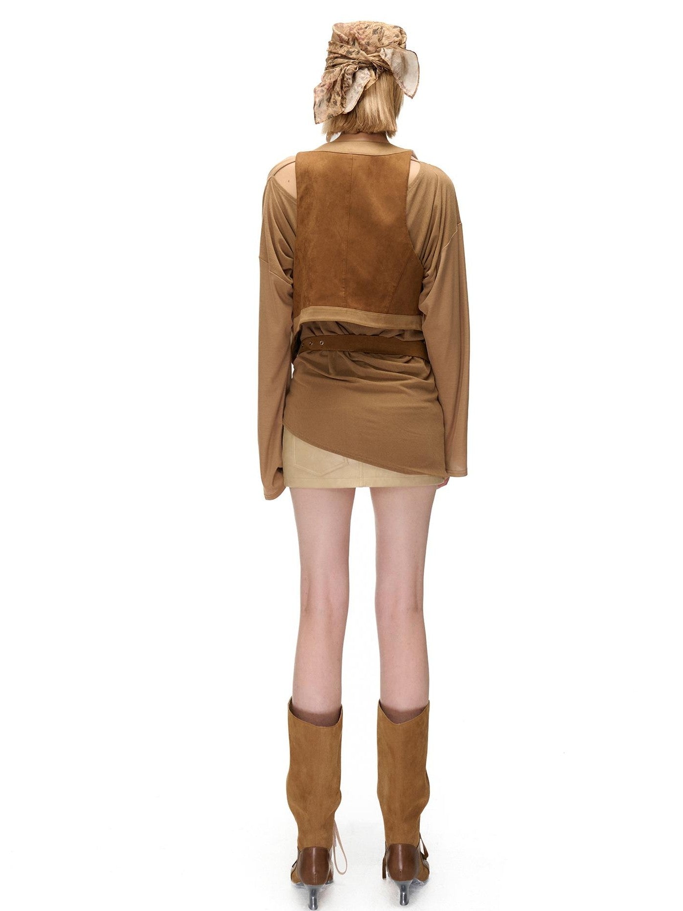 NORTH NODE Contrast Color Faux Suede Spliced V-neck Loose Women&