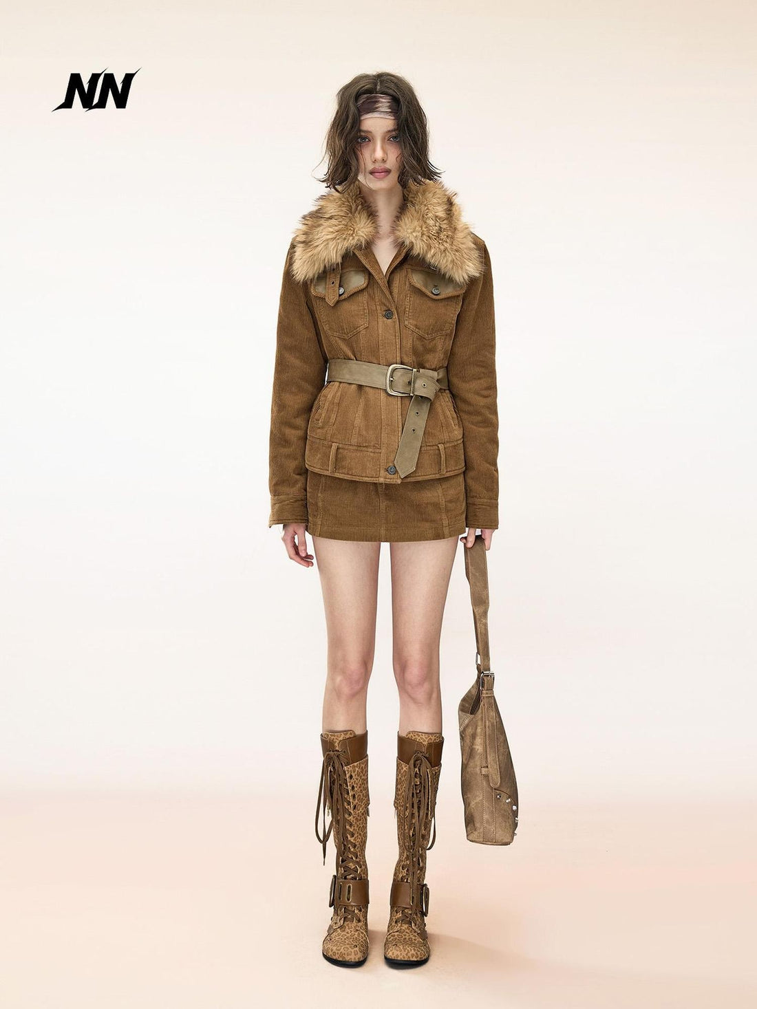 NORTH NODE Corduroy Faux Fur Trim Padded Pocket Women&