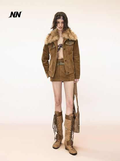 NORTH NODE Corduroy Faux Fur Trim Padded Pocket Women&